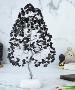 Black Agate Crystals Chips Gemstone Mineral Tree For Decoration With White Quartz Slice Base