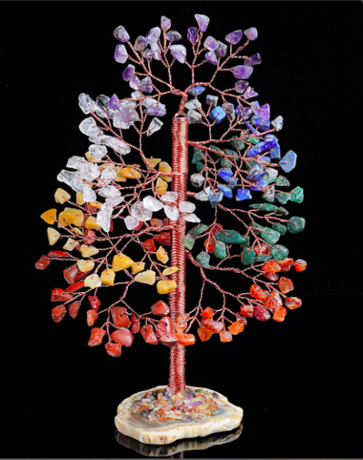 Mix Multi Crystals Copper Wire Chakra Tree with Agate Slice Base