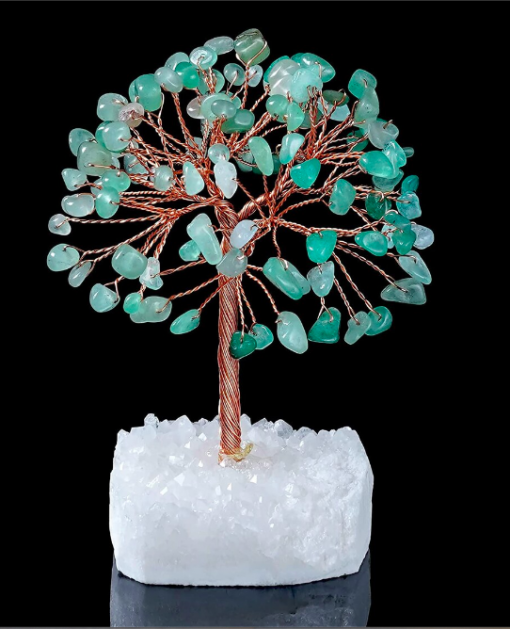 Green Fluorite Small Gemstone Chips Tree With White Cluster Base For Festival Decoration