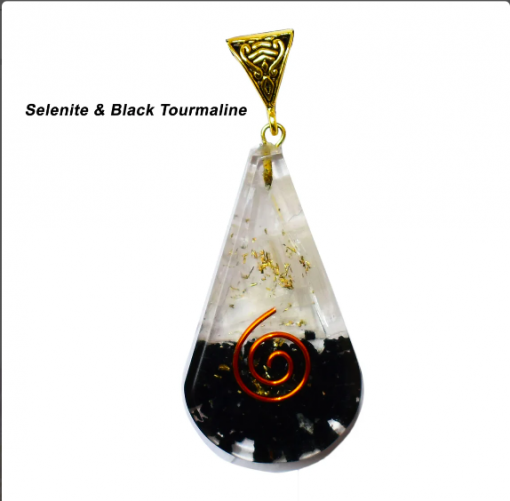 Selenite & Black Tourmaline Tear Drop Orgonite Pendent