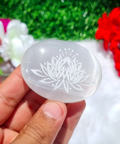 Selenite engraved palm stone with lotus flower crown chakra stone-Engraved Selenite Palm Stone