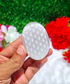 Flower of Life selenite engraved palm stone-Engraved Selenite Palm Stone