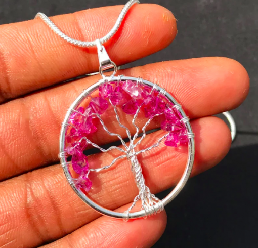 Pink Quartz Dyed Tree of Life Chips Metal Pendent