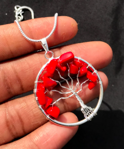 Red Jasper Tree of Life Chips Metal Pendent