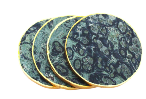 Wholesale Kambaba Jasper Gold Rimmed Round Shape Slice Coasters